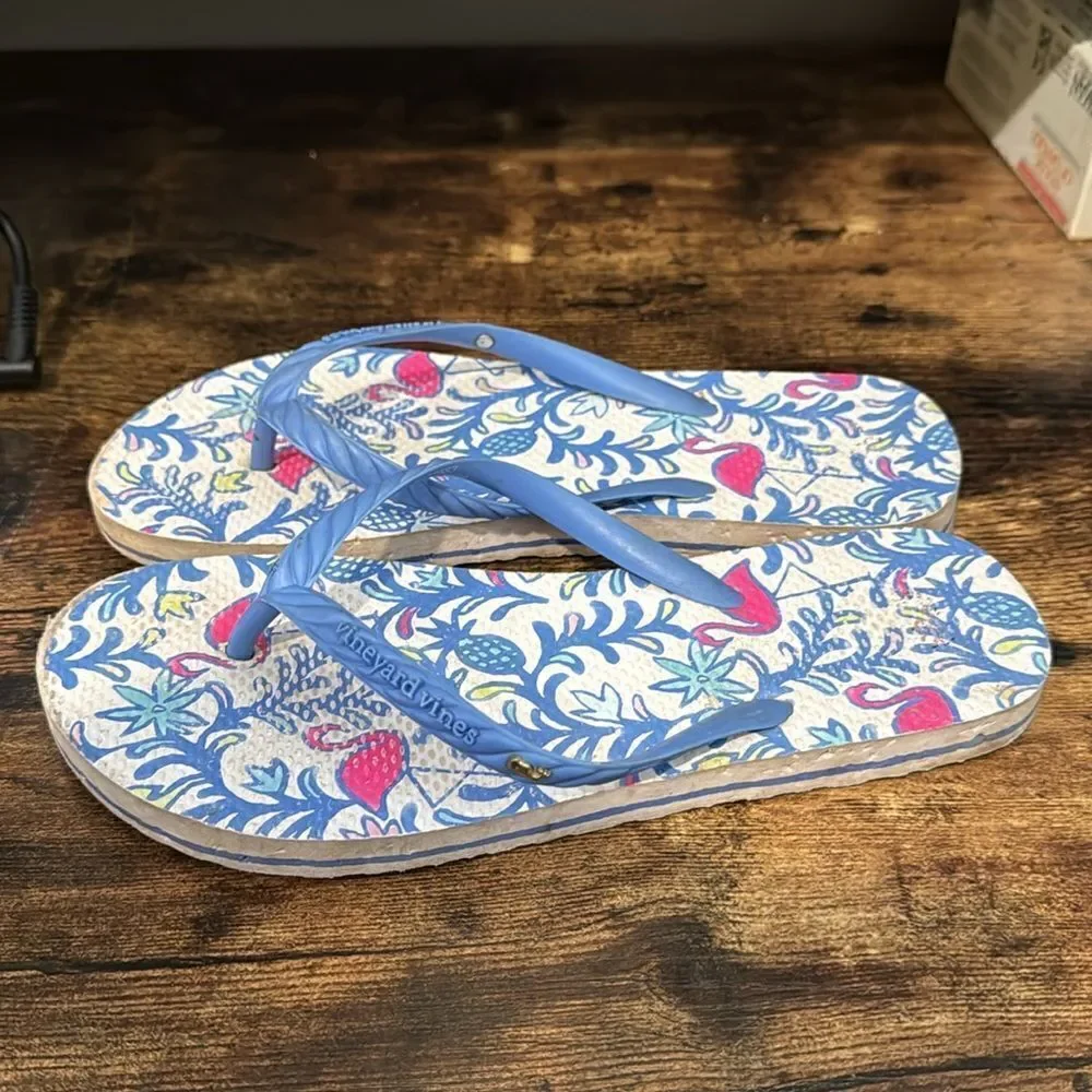 Vineyard Vines Blue Pink Flamingo‎ Pineapple Flip Flop Pool Sandals Size 4/5